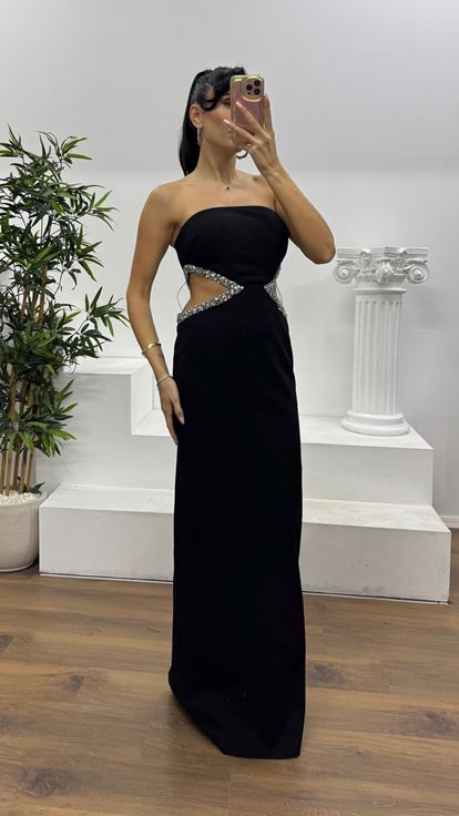 Siyah Straplez Bel Detay Özel Tasarım Abiye Elbise